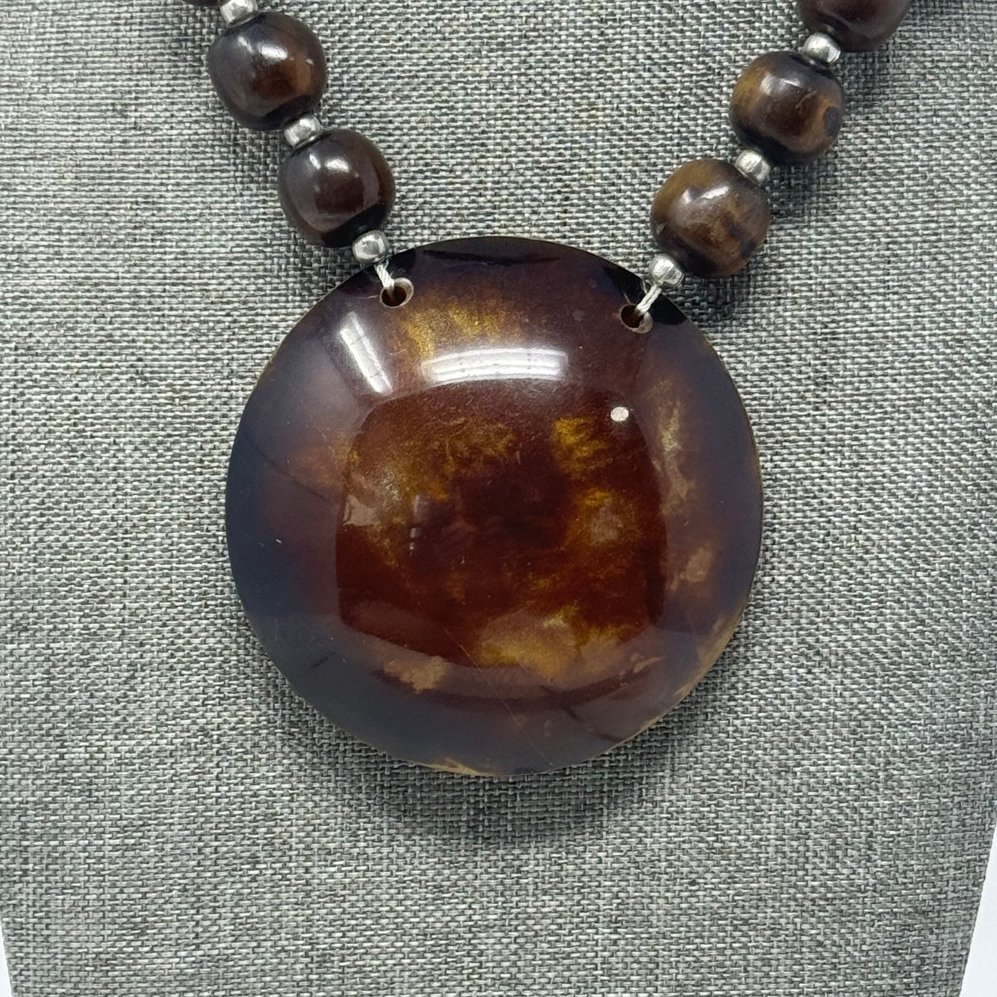 Boho Beaded Statement Necklace with Large Resin Pendant Brown- Handmade Artisan Jewelry