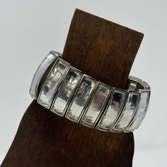Retro Clear Panel Bracelet - Mid-Century Modern, Chunky Silver Tone Bangle, Retro Statement Jewelry