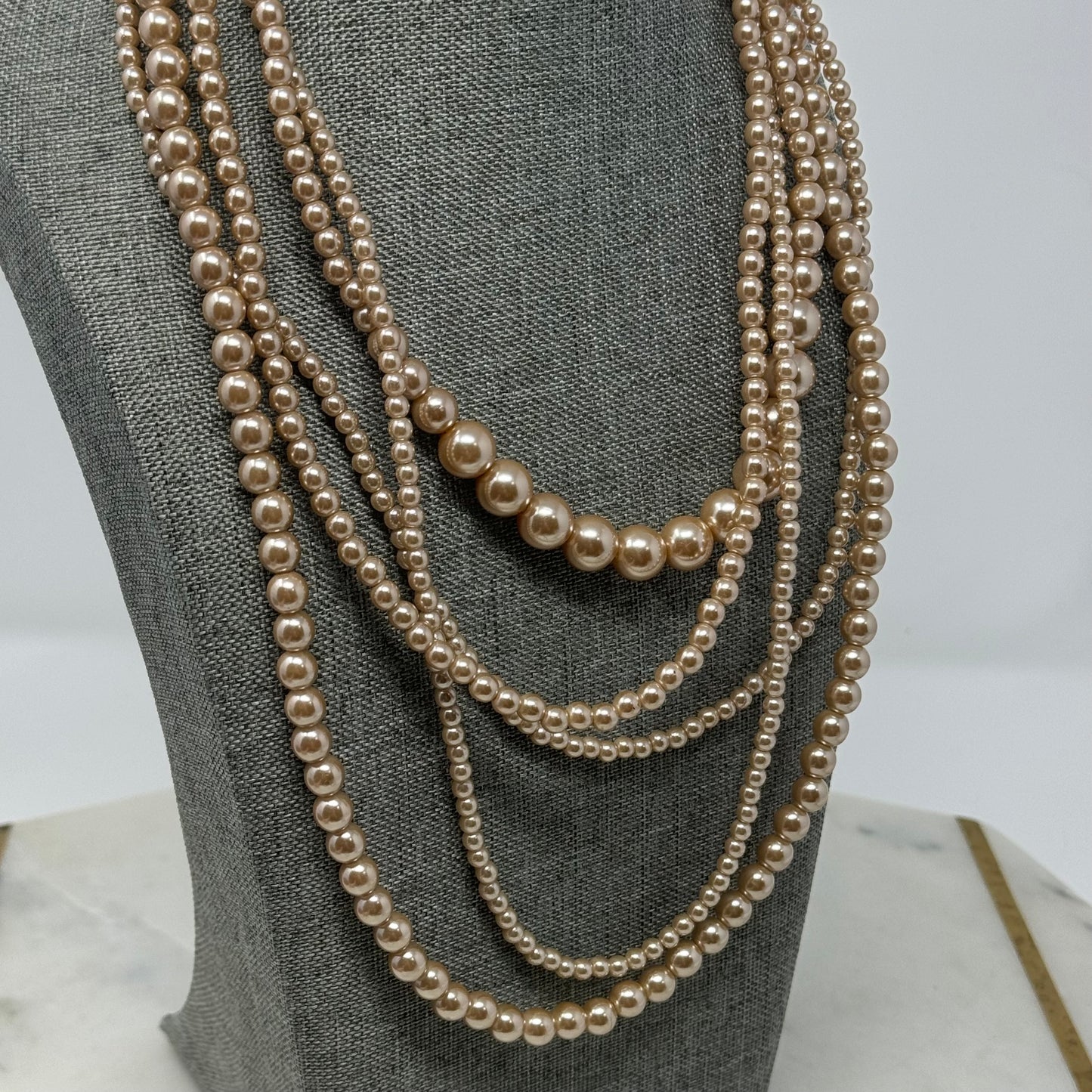 Necklace Statement Beaded Strands Faux Pearl Beige 18 in Costume Jewelry