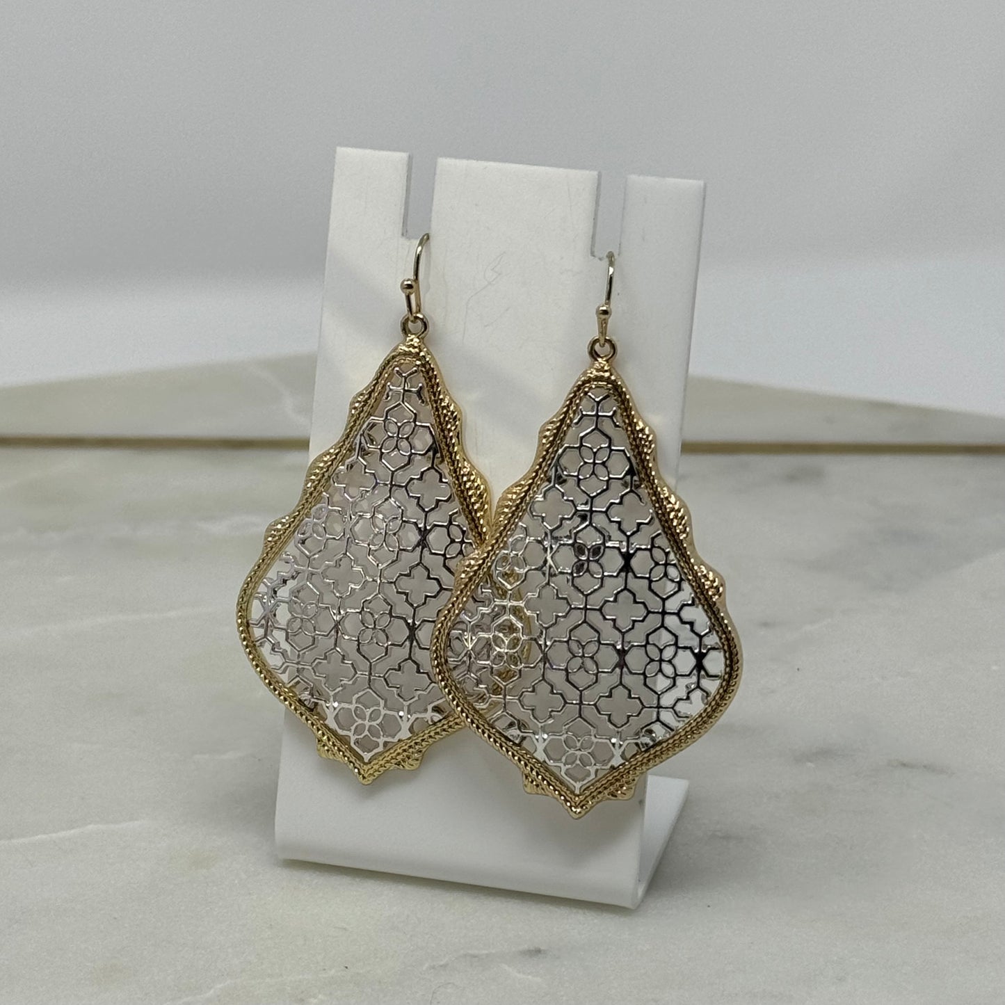 Earrings Boho Southwest Metallic Intricate Hook Dangles Gold & Silver Tone 2.5 in