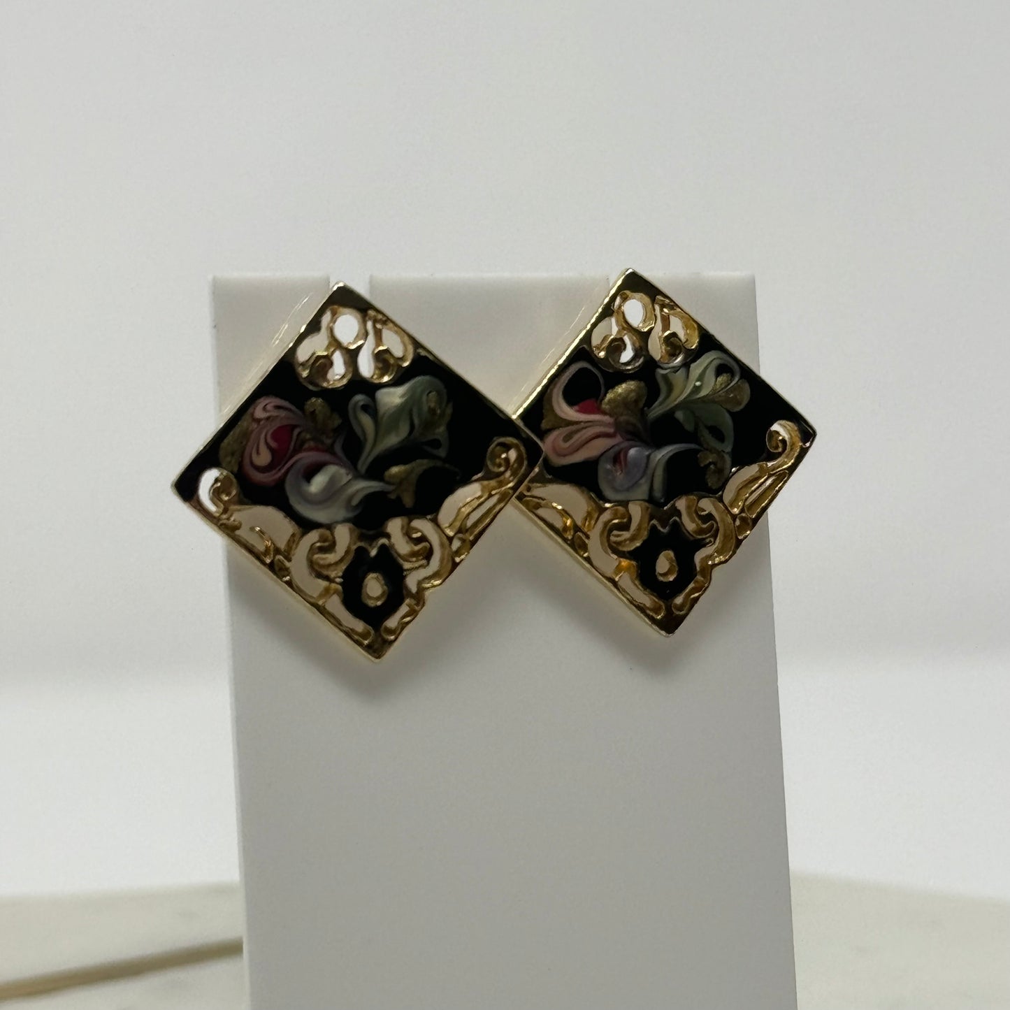 Vintage Intricate Square Enamel Stud Earrings