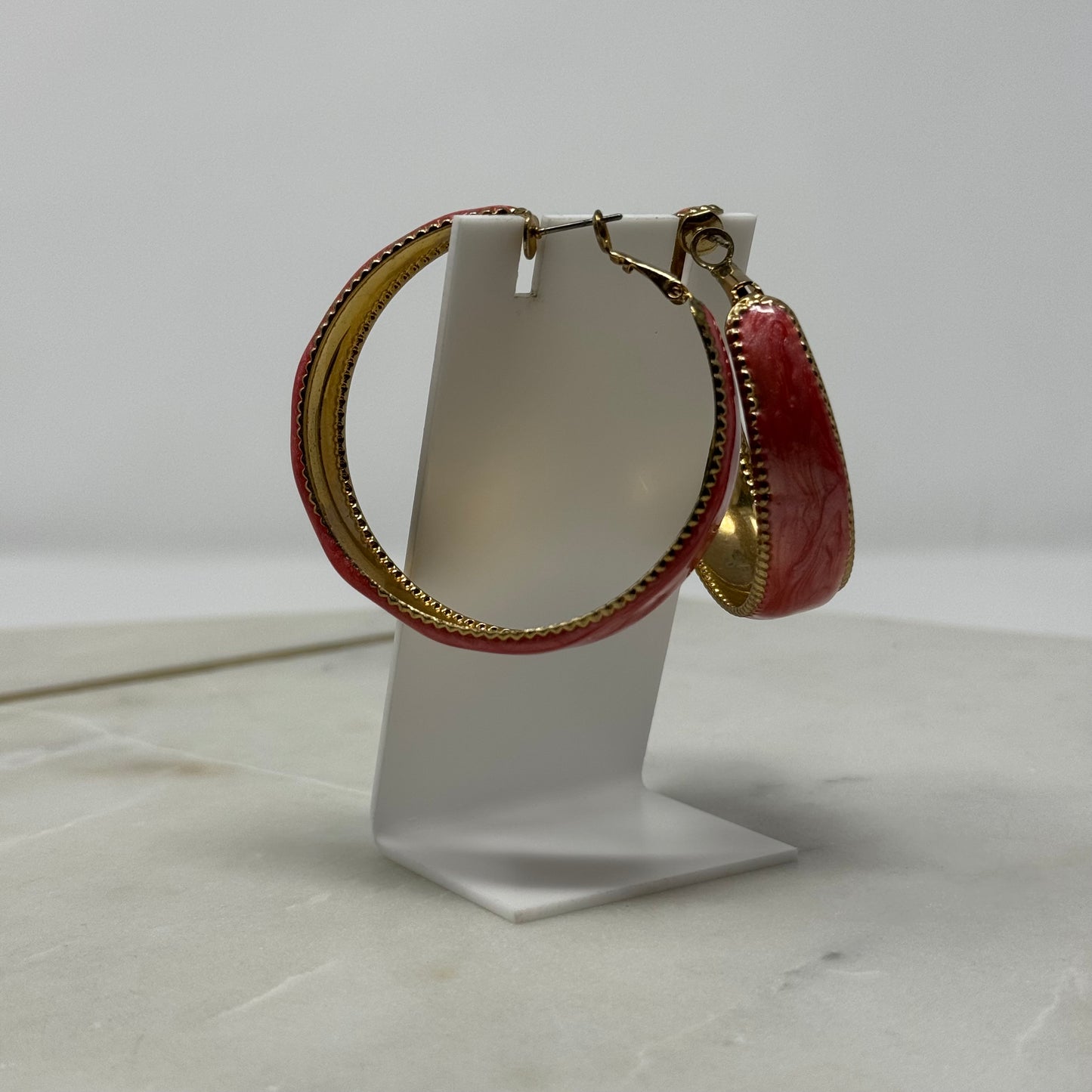 Large Coral Enamel & Gold Hoop Earrings