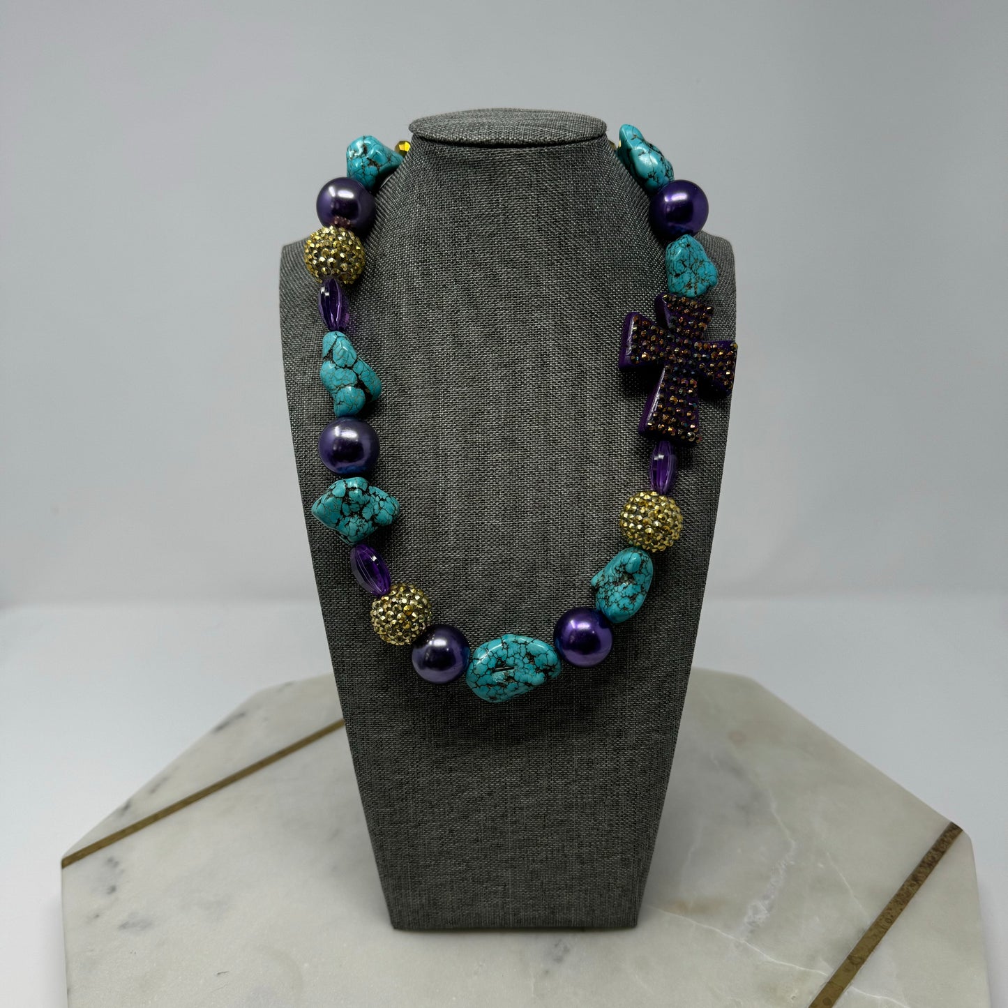 Necklace Boho Southwest Statement Chunky Beaded Pearl Purple Turquoise 20 in
