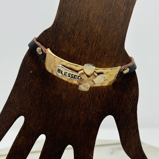 Bracelet Boho Brown Leather Gold Tone Affirmation Cross Blessed Bangle 9.25 in