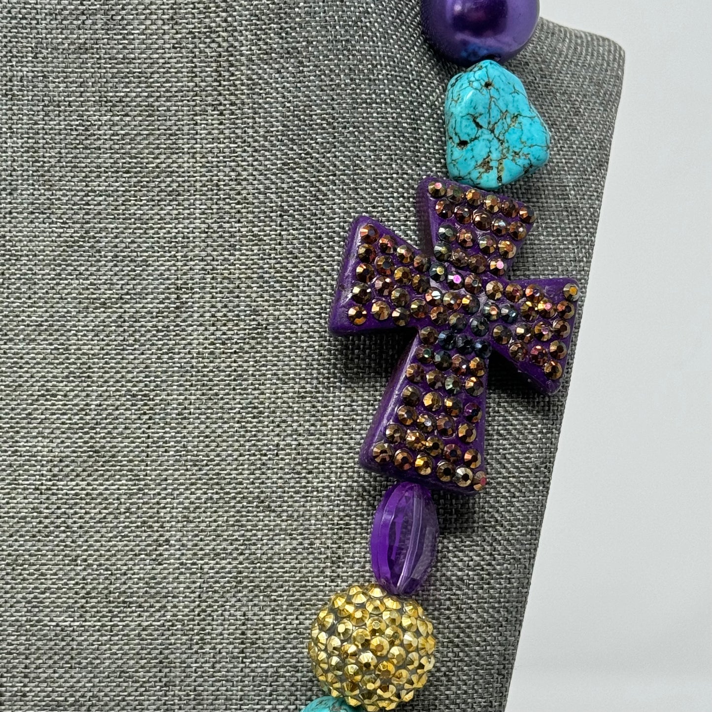 Necklace Boho Southwest Statement Chunky Beaded Pearl Purple Turquoise 20 in