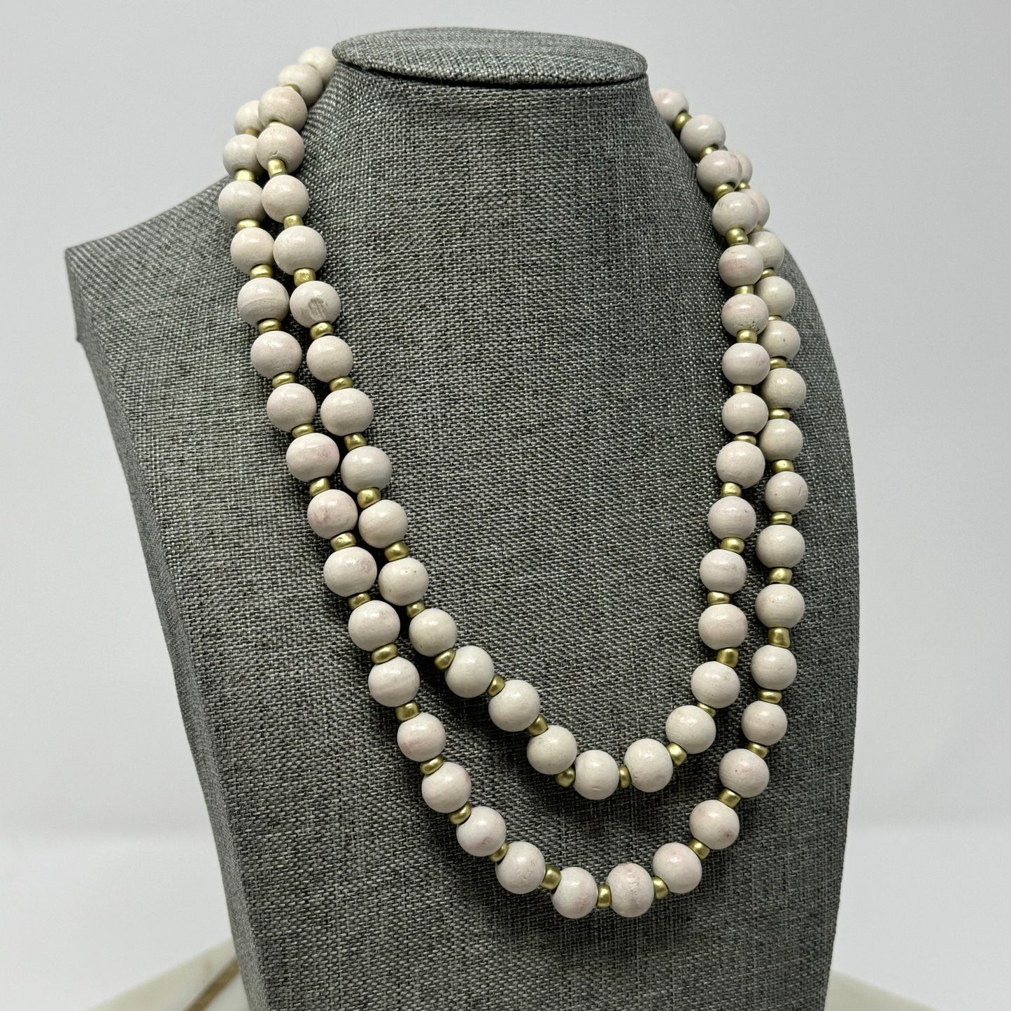 Necklace Boho Southwest Wood Beads White & Gold Tone Spacer 36 in