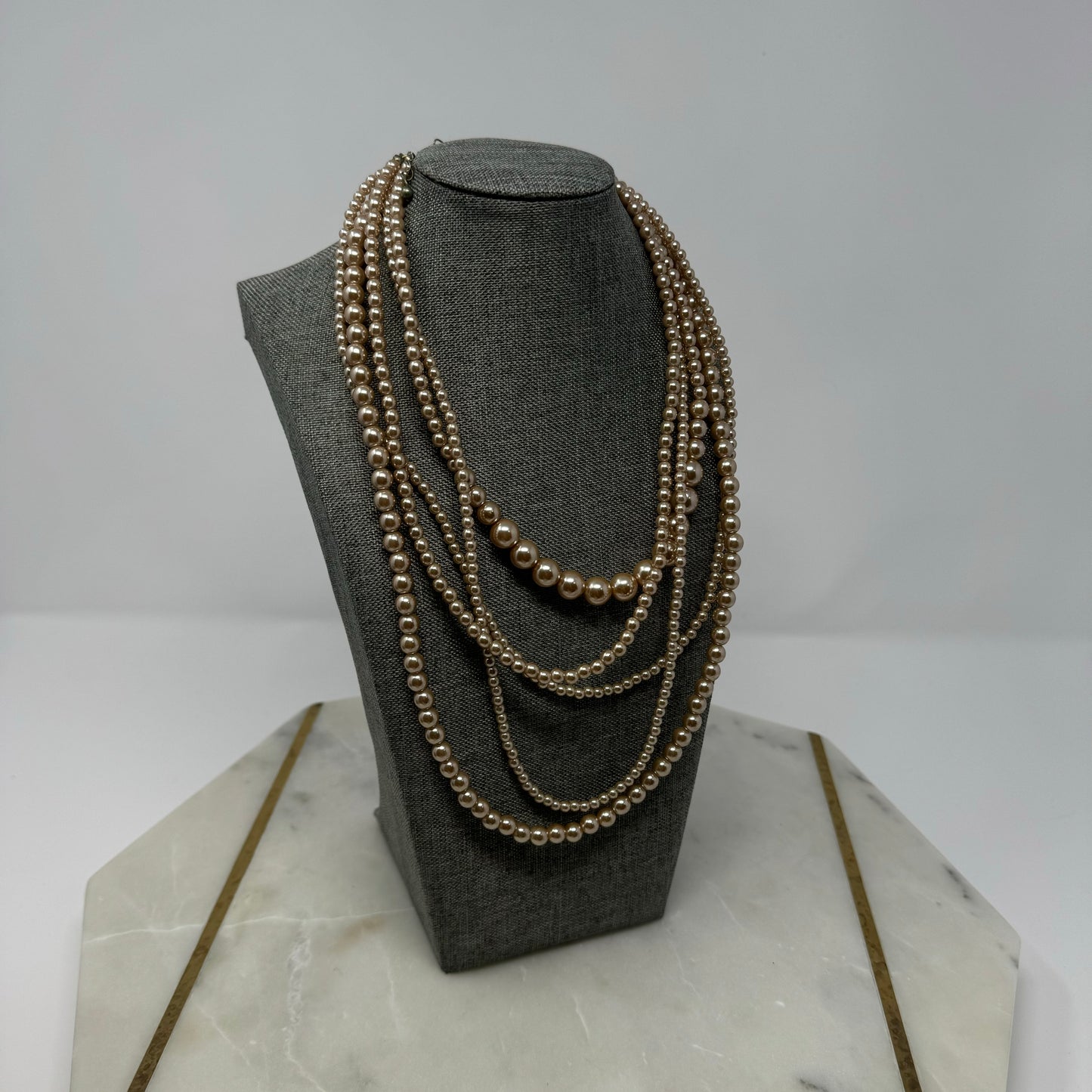 Necklace Statement Beaded Strands Faux Pearl Beige 18 in Costume Jewelry