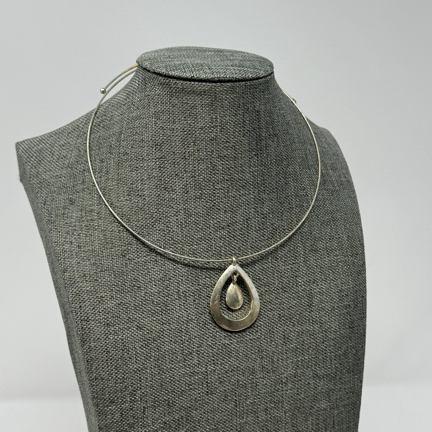 Necklace Collar Statement Silver Tone Teardrop Ring Pendant Cable Chain 16”