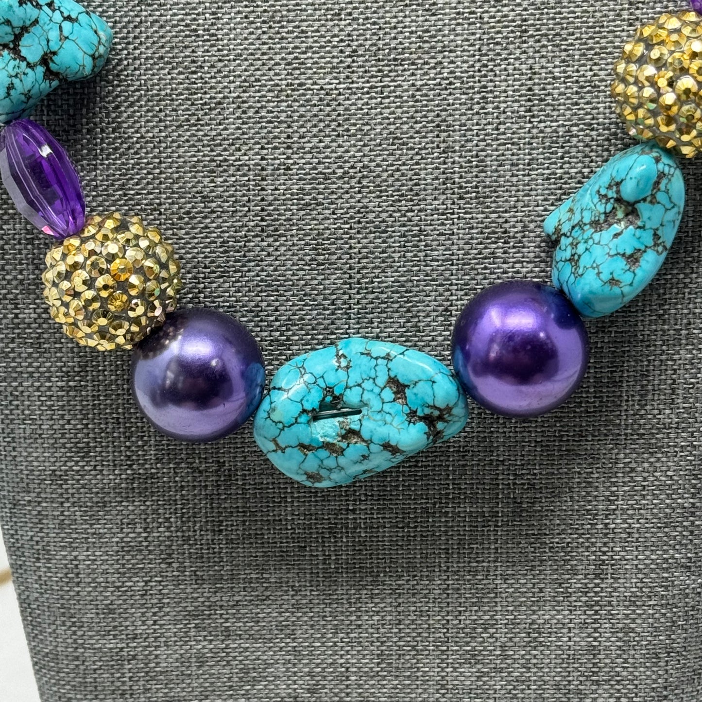 Necklace Boho Southwest Statement Chunky Beaded Pearl Purple Turquoise 20 in