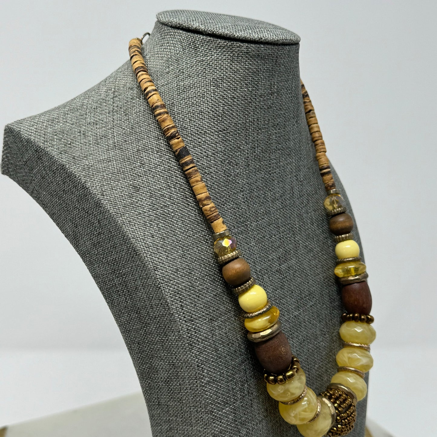 Necklace Boho Beaded Statement Brown Beige 16” Costume Jewelry