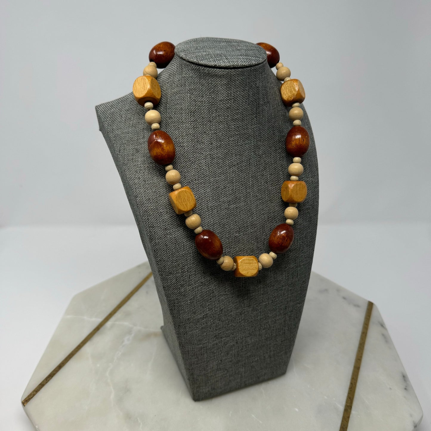 Necklace Boho Beaded Statement Wood Beige 18 inch Fashion Jewelry