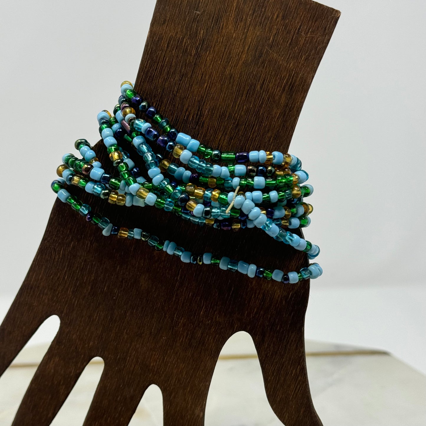 Womens Bracelet Blue Multi-Layer Seed Beaded Cuff Toggle Closure Bracelet 8 in