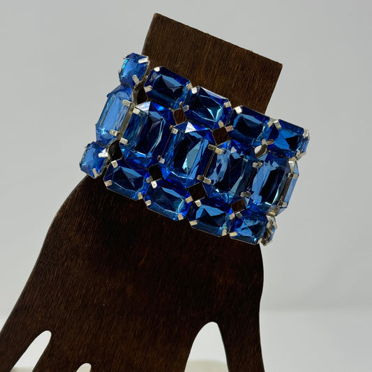 Vintage Blue Rhinestone Bracelet - Art Deco Style, Statement Jewelry, Silver Tone Glam Bangle