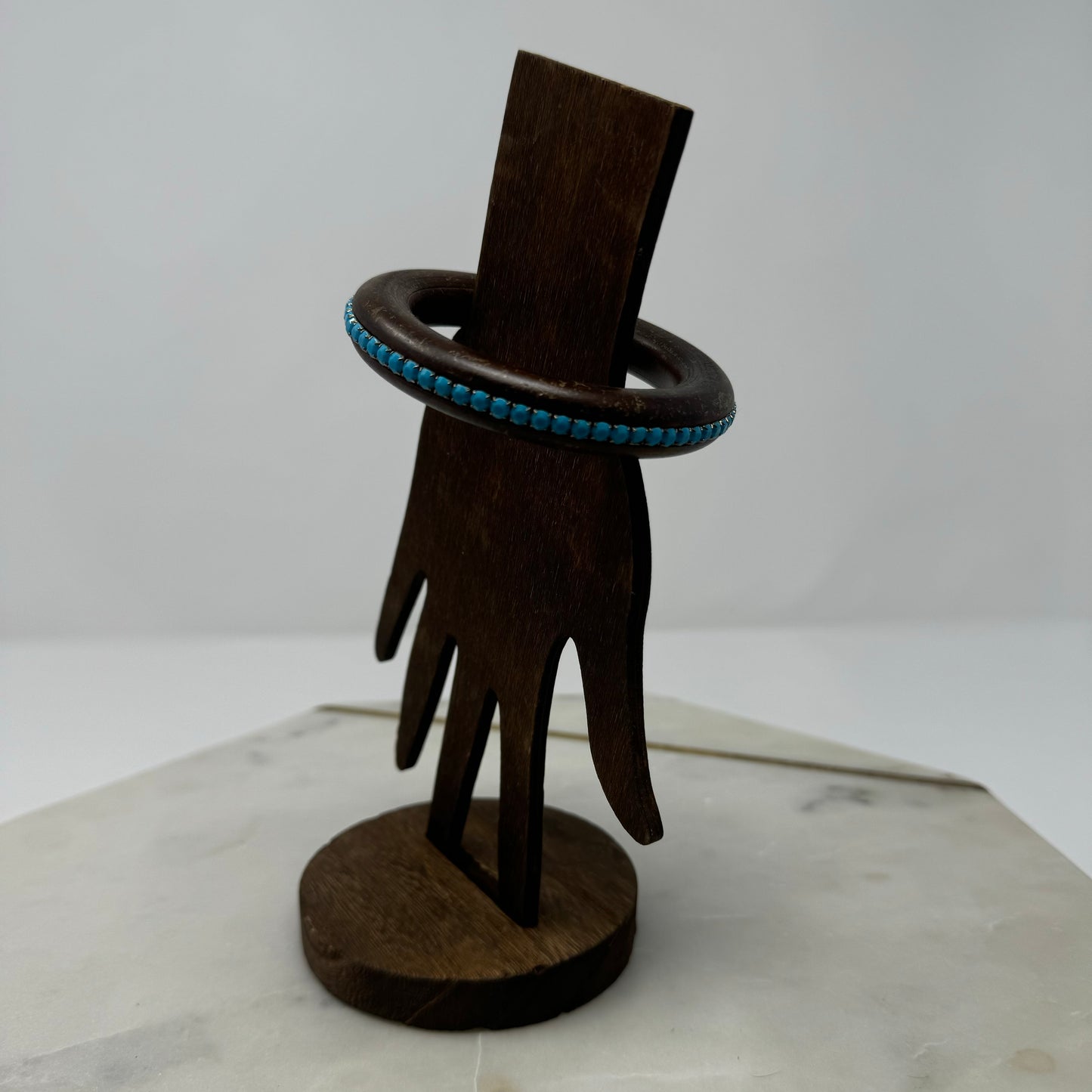 Vintage Wood Bangle Bracelet with Turquoise Bead Accents - Boho Chic, Rustic Handmade Jewelry