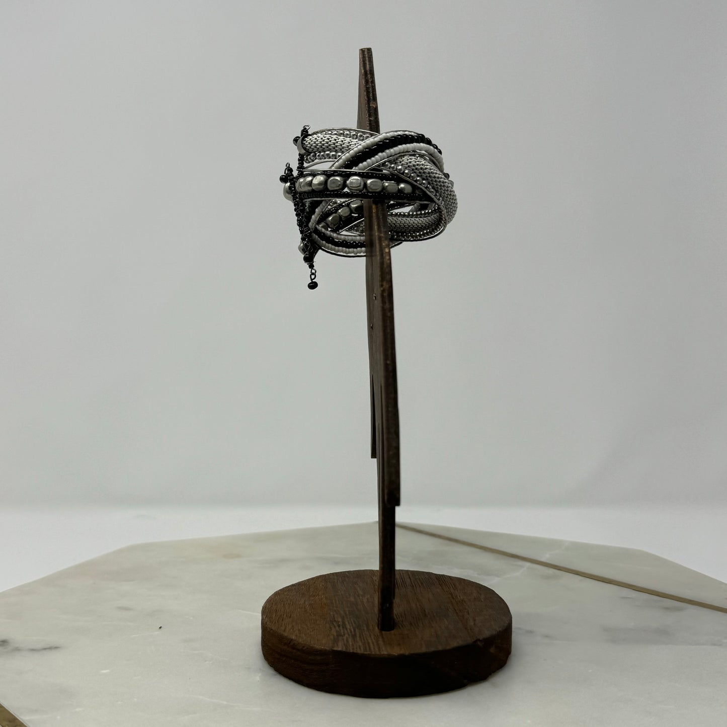 Braided Black & Silver Beaded Cuff Bracelet