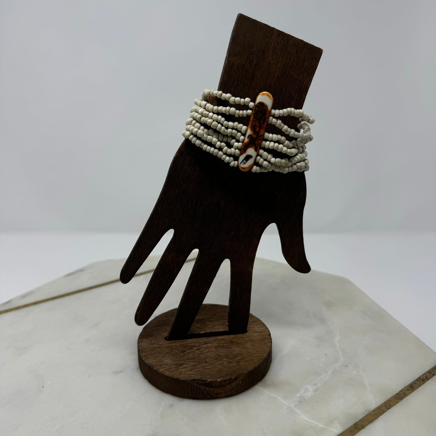 Bracelet Boho Statement Carved Rose Multi-Layer Seed Beaded Cuff 7 in