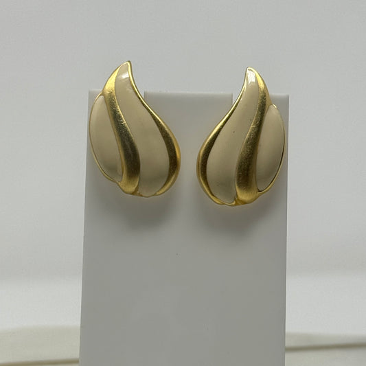 Vintage Gold & Cream Enamel Teardrop Earrings