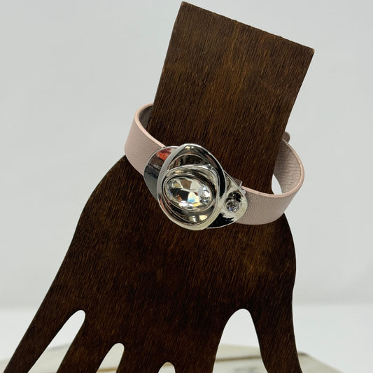 Bracelet Pink Leather Snap Boho Faux Gem Snap Cuff 7 in Costume Jewelry
