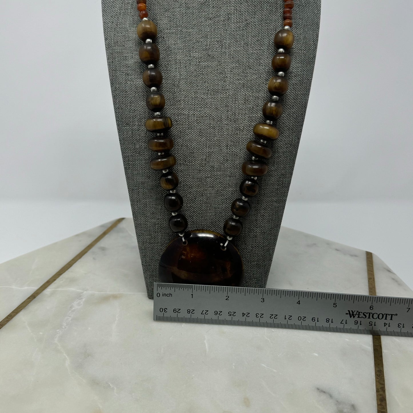 Boho Beaded Statement Necklace with Large Resin Pendant Brown- Handmade Artisan Jewelry