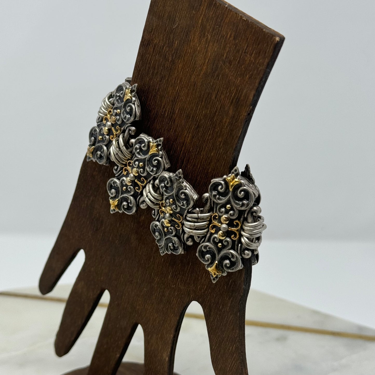 Bracelet Boho Southwest Intricate Segmented Metal Work Link Bangle Cuff 7.5 in Costume Jewelry