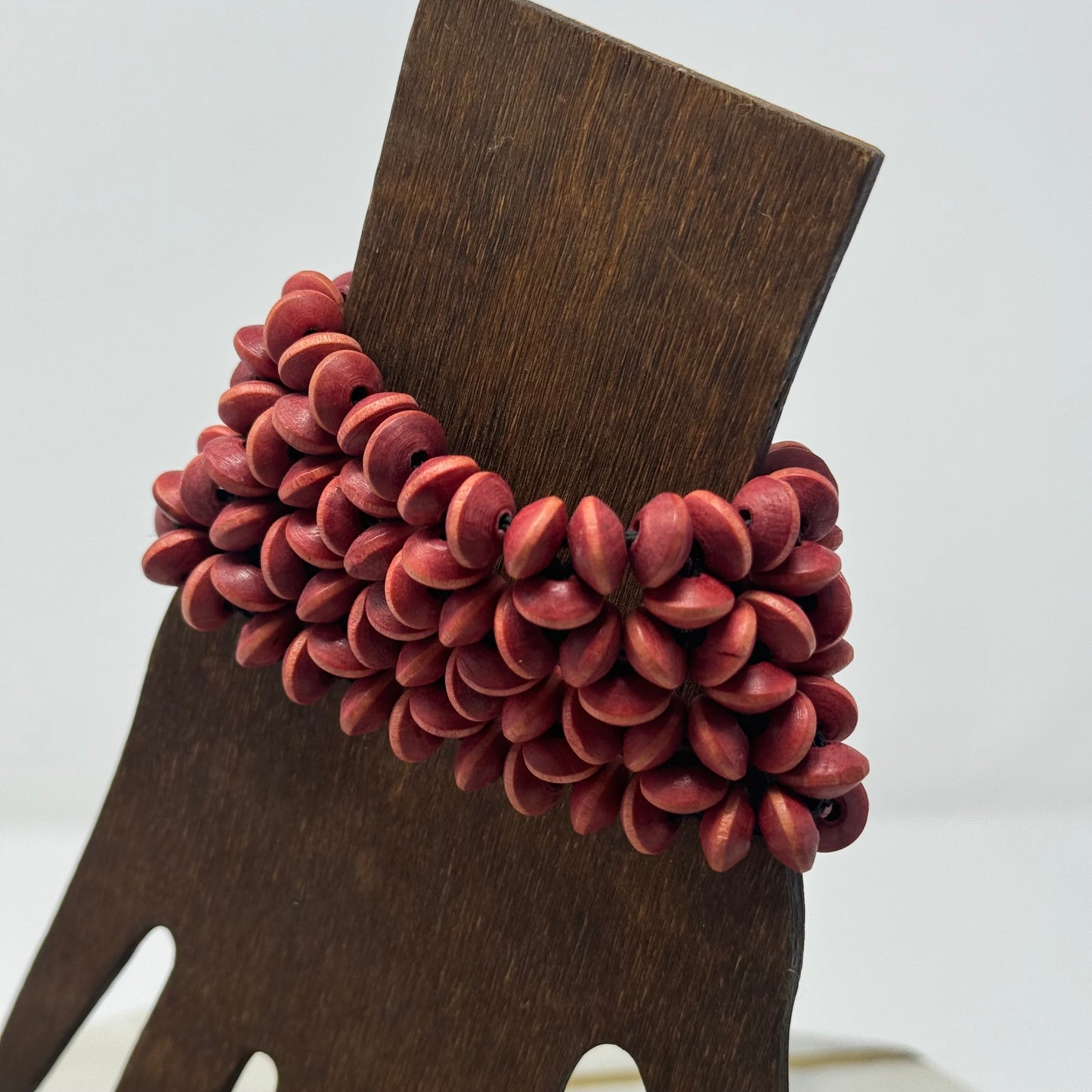 Bracelet Boho Southwest Beaded Cuff Wood Red Multi-Layer 7.75 in