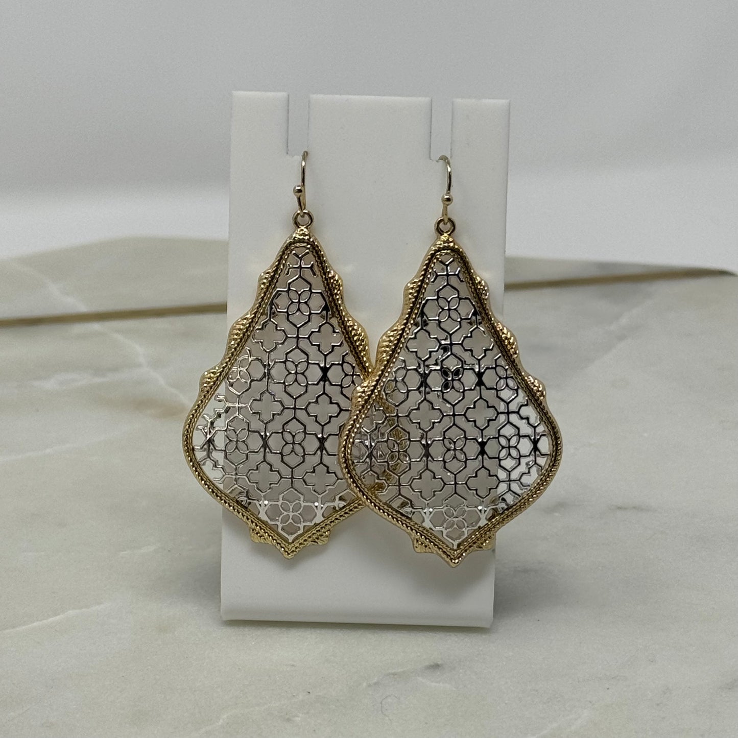 Earrings Boho Southwest Metallic Intricate Hook Dangles Gold & Silver Tone 2.5 in