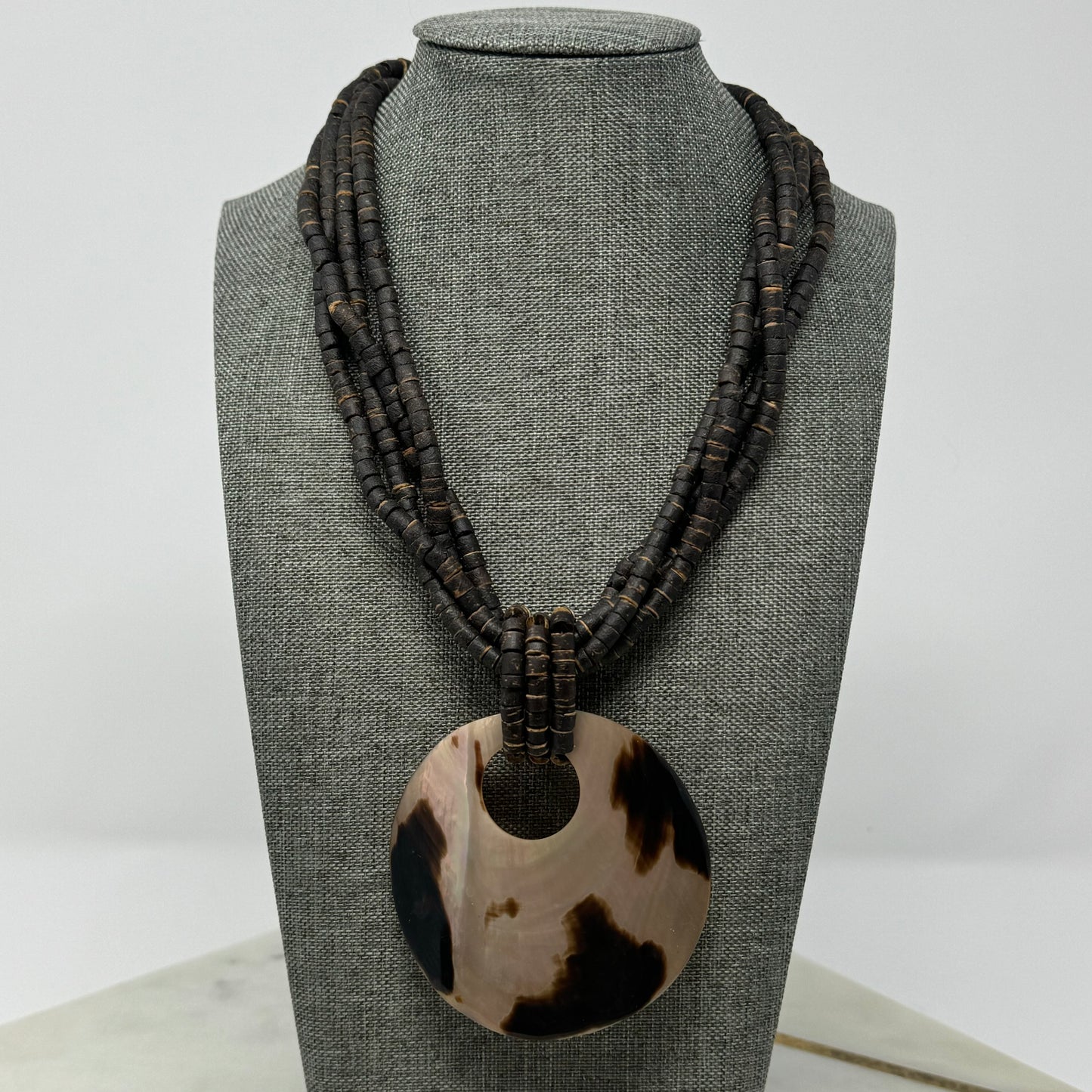 Boho Brown Beaded Necklace Large Shell Pendant Multi-Strand Brown Handmade Statement Jewelry