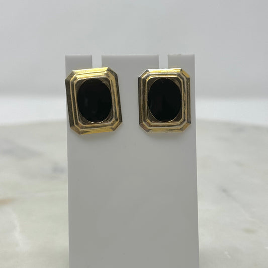 Vintage Black & Gold Beveled Rectangle Clip-On Earrings