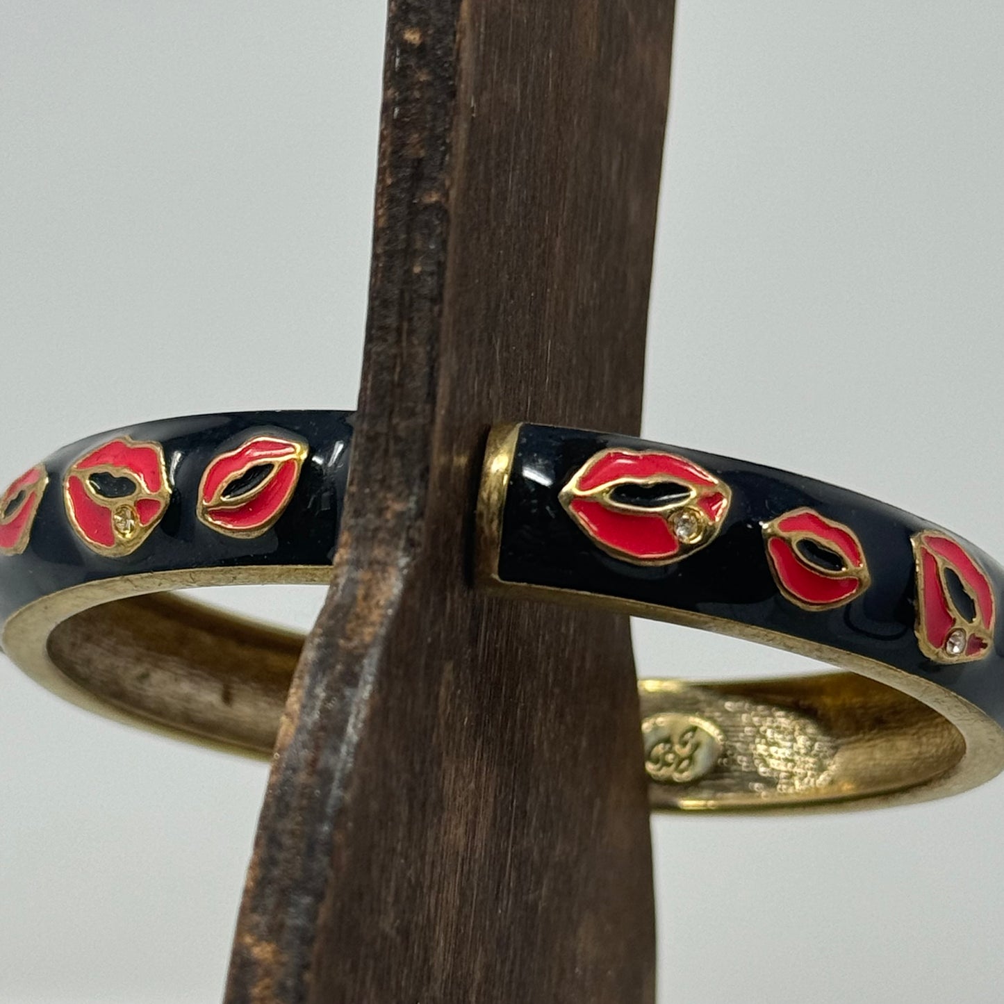 Betsy Johnson Black Enamel Bracelet with Red Lip Design Statement Jewelry