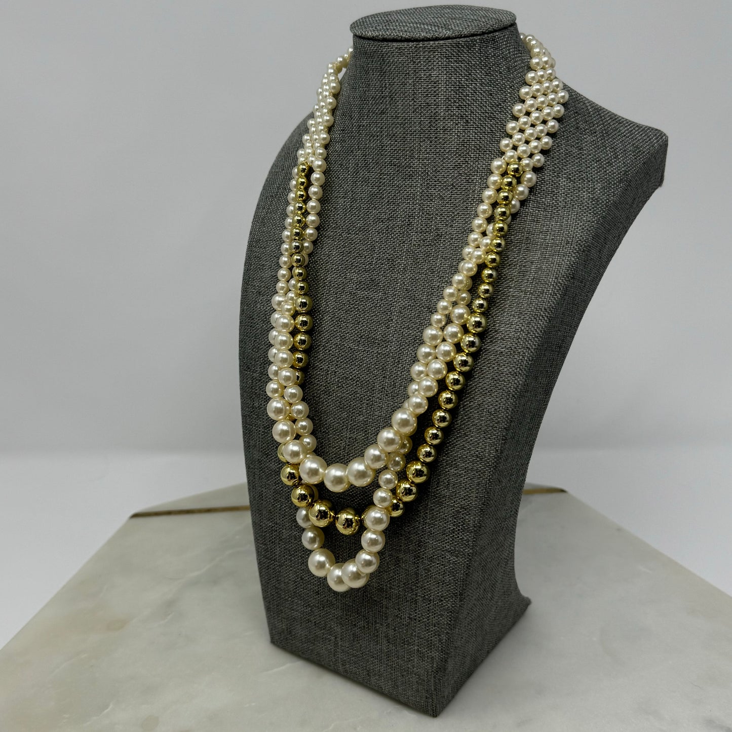 Necklace Statement Layered Beaded Strands Pearl Metallic 18 in Costume Jewelry