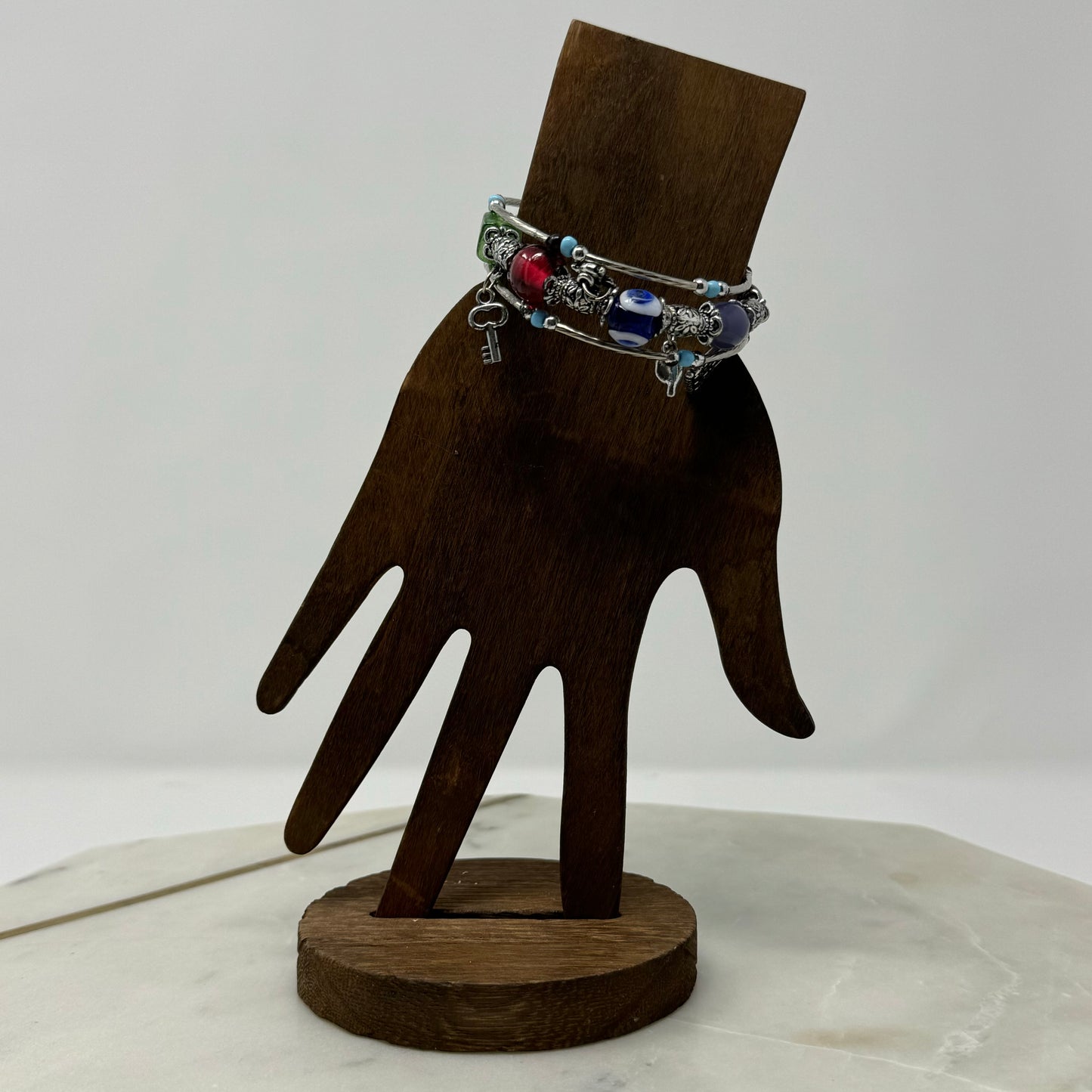 Silver Multicolor Glass Bead Wrap Charm Bracelet