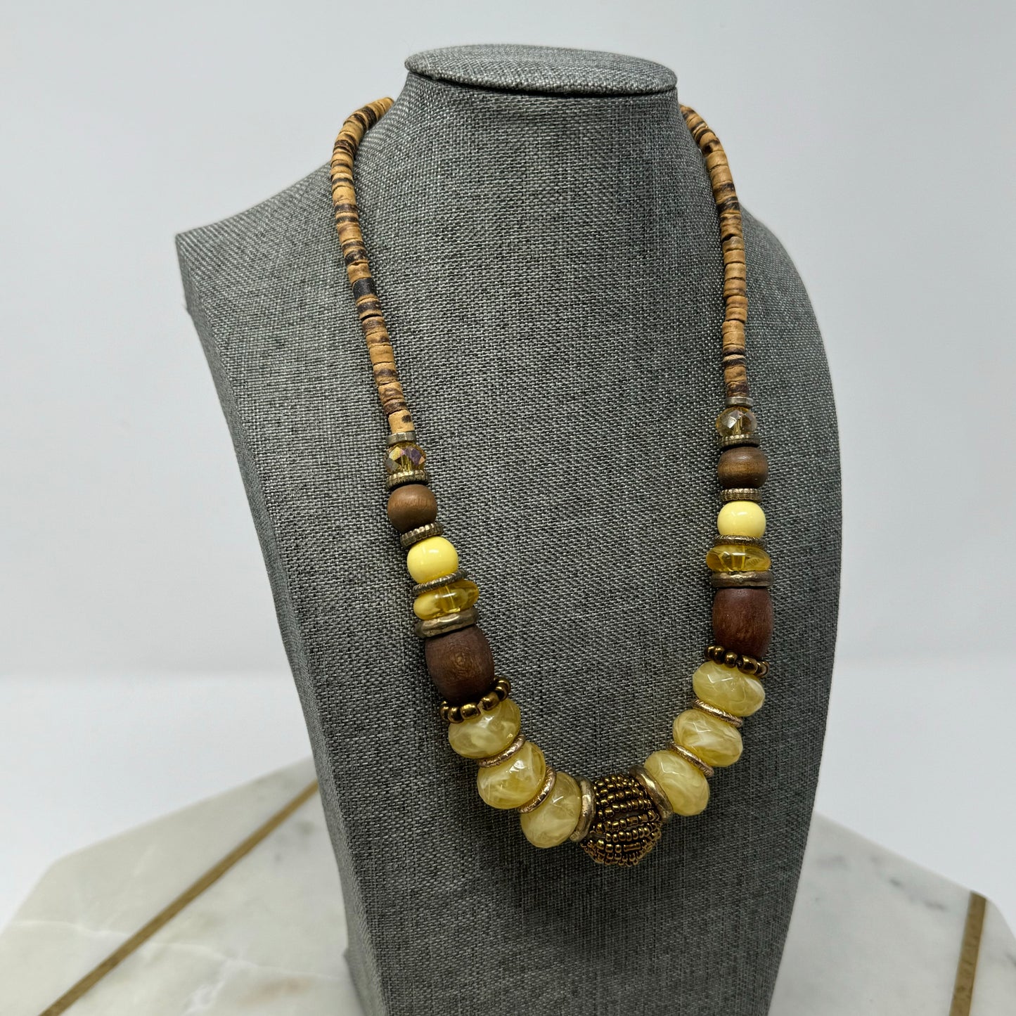 Necklace Boho Beaded Statement Brown Beige 16” Costume Jewelry