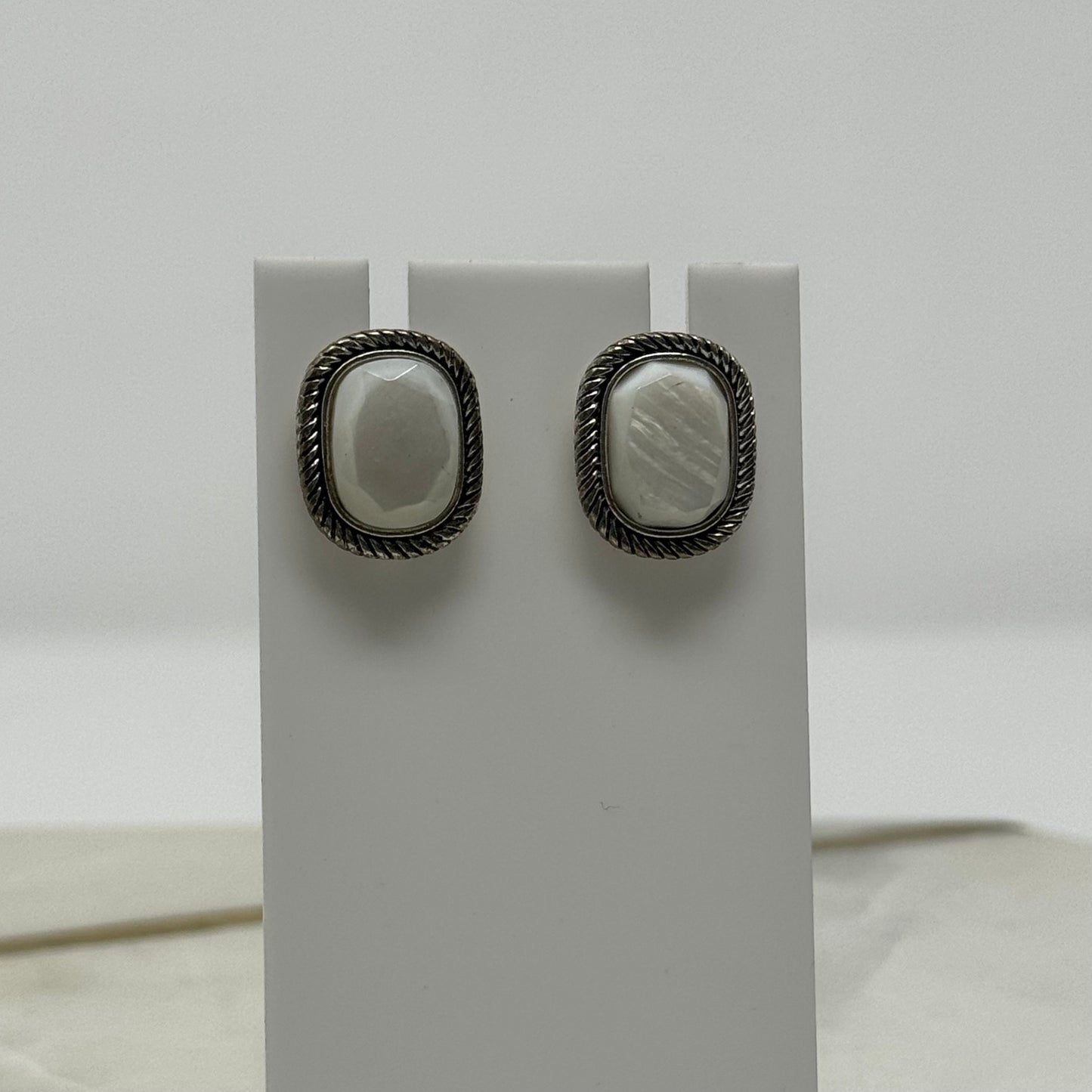 Boho White Shimmer Stone Tribal Silver Post Earrings