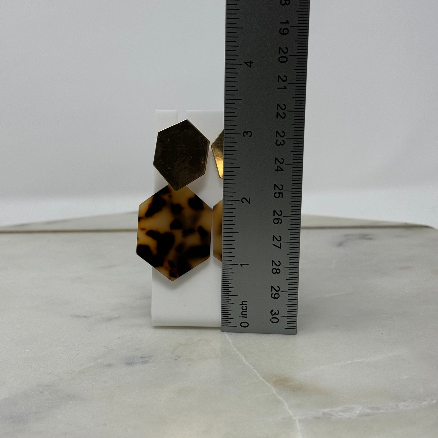 Earrings Boho Southwest Dangle Stud Modern Faux Tortoise Shell Hexagon Gold Tone 2.5 in