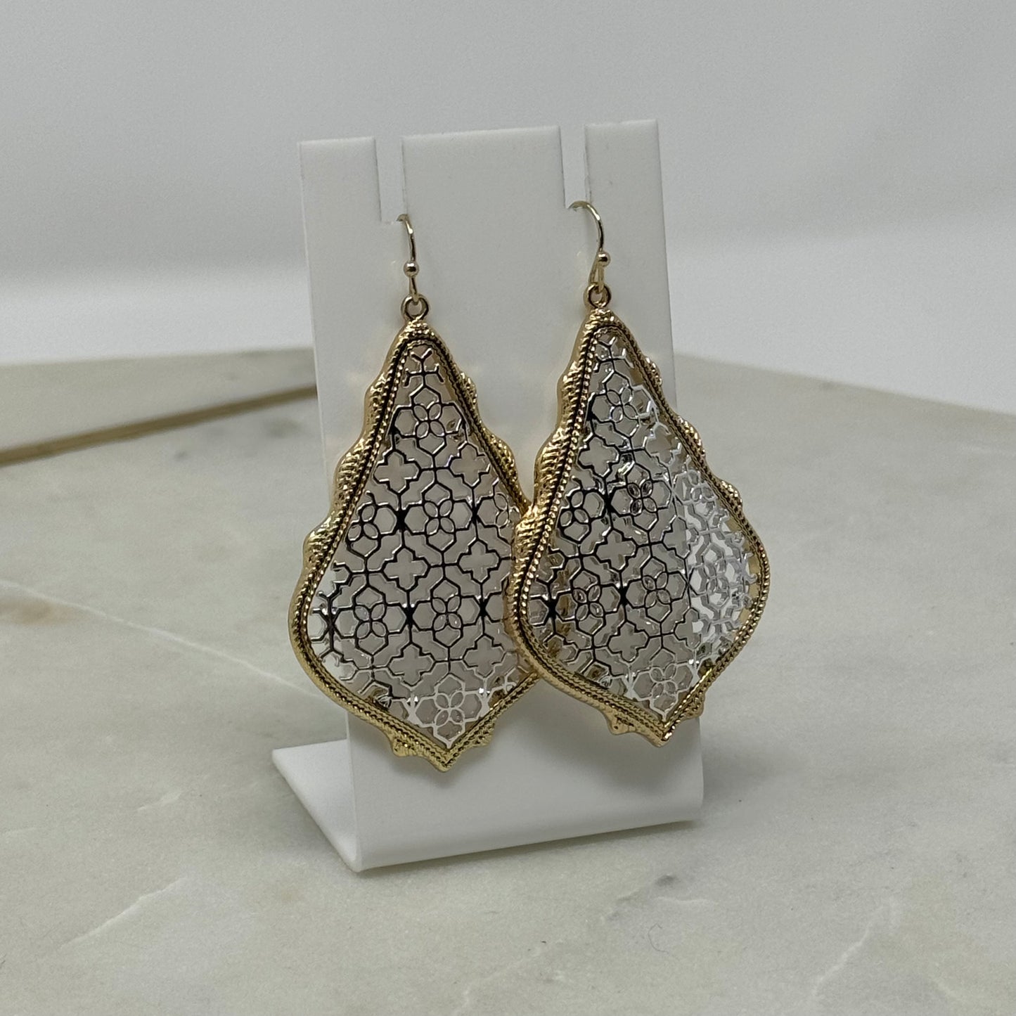 Earrings Boho Southwest Metallic Intricate Hook Dangles Gold & Silver Tone 2.5 in