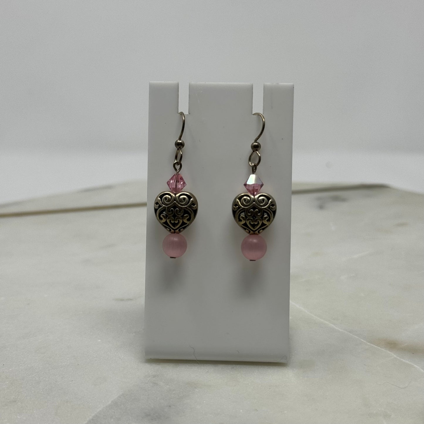 Pink Beaded Heart Dangle Hook Earrings