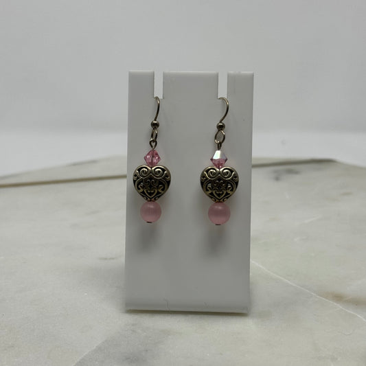 Pink Beaded Heart Dangle Hook Earrings