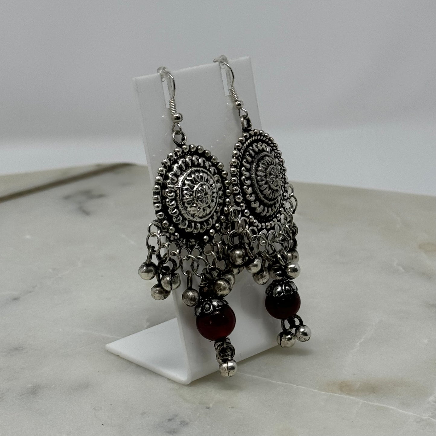 Earrings Boho Southwest Silver Tone Bell Hook Dangles 3 in Drop Chandelier