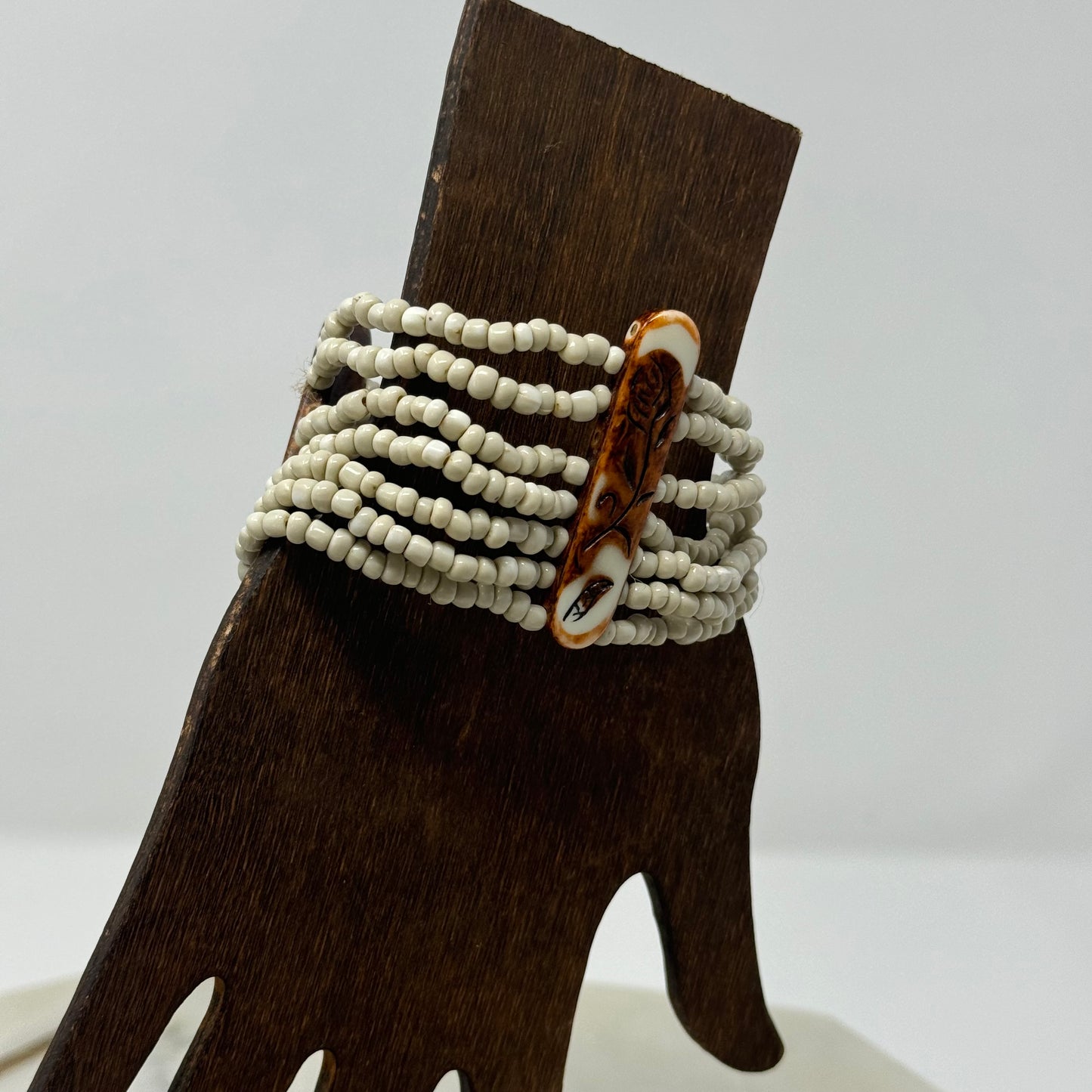 Bracelet Boho Statement Carved Rose Multi-Layer Seed Beaded Cuff 7 in