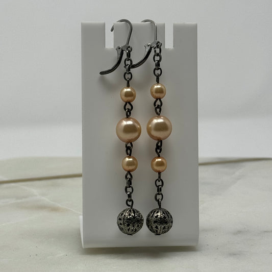 Peach Pearl Dangle Statement Leverback Earrings