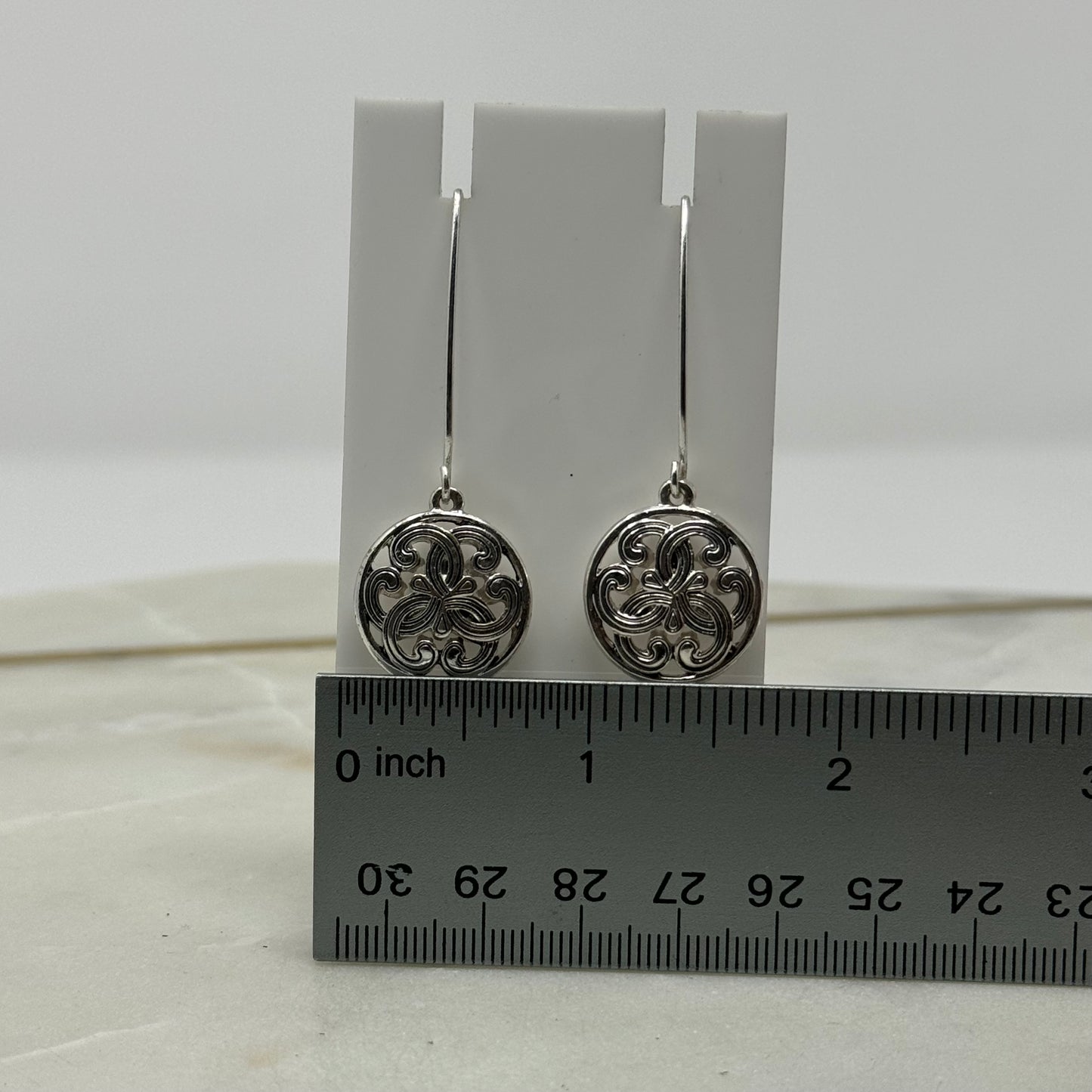 Round Silver Intricate Dangle Long Hook Earrings