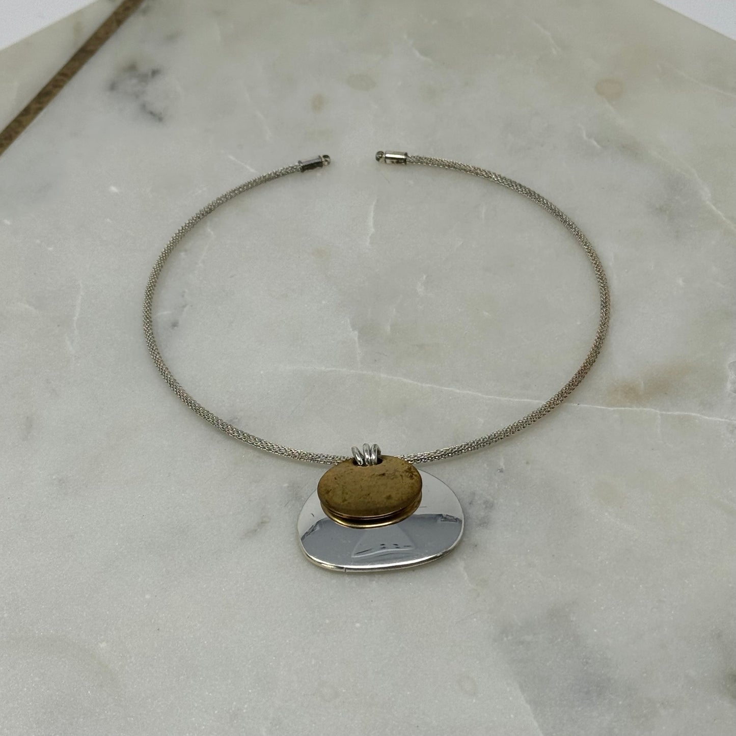 Necklace Boho Statement Bib Pendant Brushed Silver Tone Collar Chain 12”